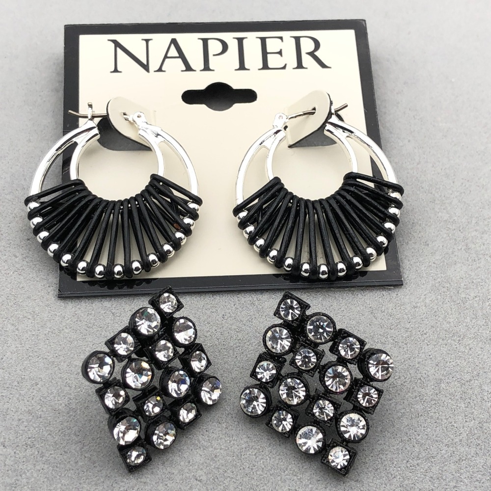Black‎ White Earrings 2pr Napier Silver Tone Woven Hoop Pave Rhinestone Studs